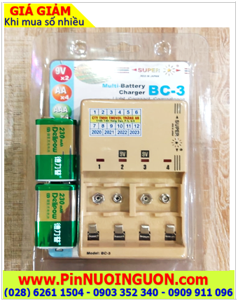 Super BC-3; Bộ sạc pin vuông 9.0v Super BC-3 kèm sẳn 02 pin sạc NiMh Delipow 9.0v 230mAh